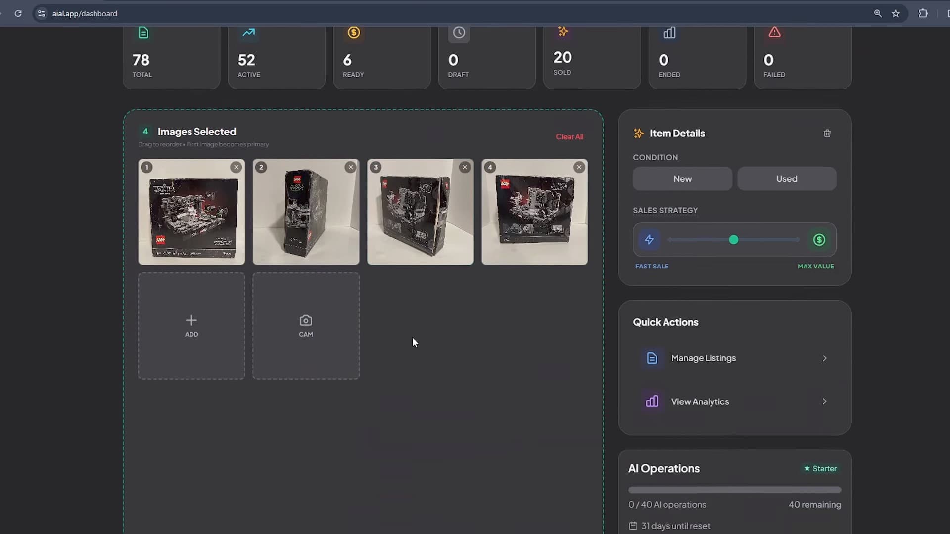 AIAL dashboard: AI-generated eBay listings, inventory, and live sales stats