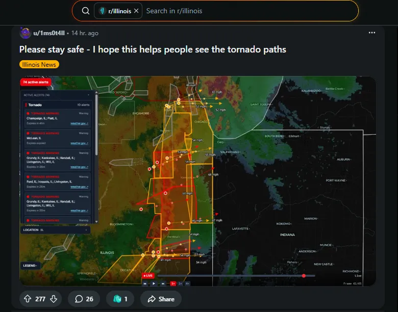 r/illinois Reddit post about SeeStorm tornado path visualization