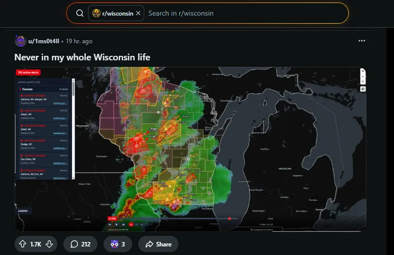 r/wisconsin Reddit post announcing SeeStorm, 1.7k upvotes