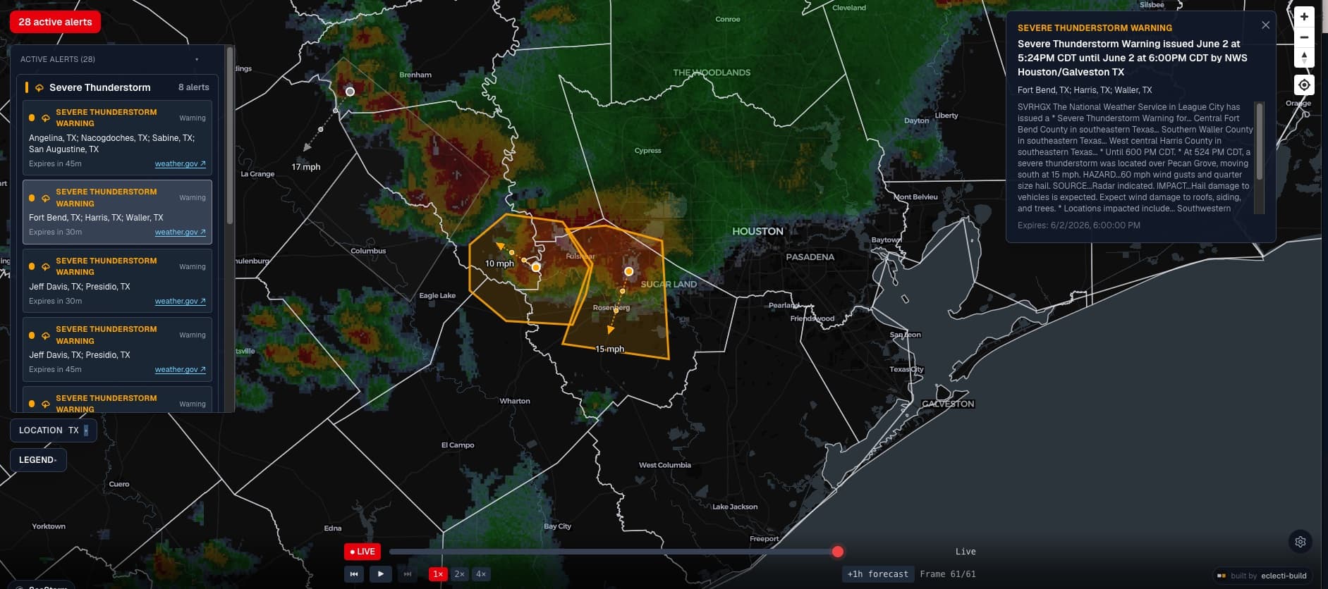SeeStorm live severe-weather radar map with active storm alerts